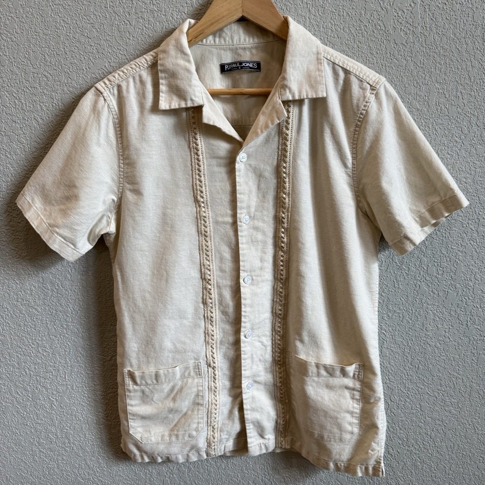 PJ Paul Jones Linen Blend Collared Button Down Shirt Beige Short Sleeve Crochet